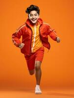 joven asiático niño vestido en ropa de deporte claramente activo y lleno de energía ai generativo foto