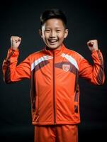 Young asian kid dressed in sportswear clearly active and full of energy AI Generative photo