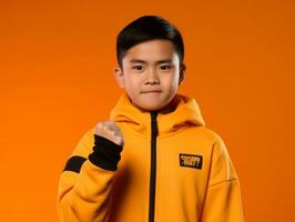 Young asian kid dressed in sportswear clearly active and full of energy AI Generative photo