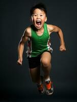 joven asiático niño vestido en ropa de deporte claramente activo y lleno de energía ai generativo foto