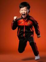 Young asian kid dressed in sportswear clearly active and full of energy AI Generative photo