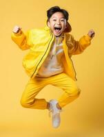 joven asiático niño vestido en ropa de deporte claramente activo y lleno de energía ai generativo foto