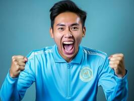 joven asiático hombre vestido en ropa de deporte claramente activo y lleno de energía ai generativo foto