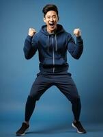joven asiático hombre vestido en ropa de deporte claramente activo y lleno de energía ai generativo foto