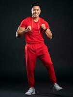 joven asiático hombre vestido en ropa de deporte claramente activo y lleno de energía ai generativo foto