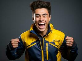 joven asiático hombre vestido en ropa de deporte claramente activo y lleno de energía ai generativo foto