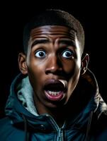 Young man with African features who appears to be shocked AI Generative photo