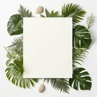 Frame with leaves.  Summer tropical leaves and blank frame with copy space on white background. Generative AI photo