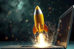 Launching a new product or service. Technology development process. Space rocket launch. 3d render. Yellow rocket lift up from the display laptop. AI Generative photo