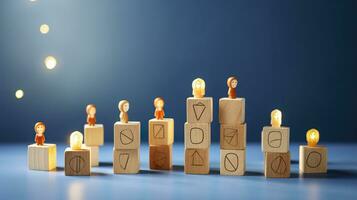 Many wooden cubes with people symbols and one with a lightbulb symbol on blue background. AI Generative photo