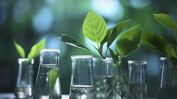 Biotechnology concept with green plant leaves, laboratory glassware, and conducting research, illustrating the powerful combination of nature and science in medical advancements.  AI Generative photo