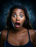 Young woman with African features who appears to be schocked AI Generative photo