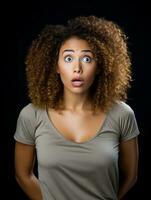 Young woman with African features who appears to be schocked AI Generative photo