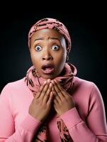 Young woman with African features who appears to be schocked AI Generative photo