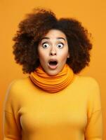 Young woman with African features who appears to be schocked AI Generative photo