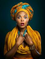Young woman with African features who appears to be schocked AI Generative photo