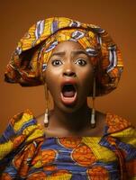 Young woman with African features who appears to be schocked AI Generative photo