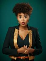 Young woman with African features who appears to be schocked AI Generative photo