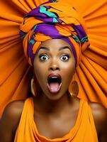 Young woman with African features who appears to be schocked AI Generative photo
