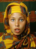 Young woman with African features who appears to be schocked AI Generative photo