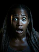 Young woman with African features who appears to be schocked AI Generative photo