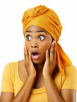 Young woman with African features who appears to be schocked AI Generative photo