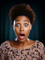 Young woman with African features who appears to be schocked AI Generative photo