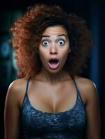 Young woman with African features who appears to be schocked AI Generative photo