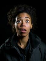 Young woman with African features who appears to be schocked AI Generative photo