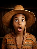 Young woman with African features who appears to be schocked AI Generative photo