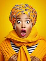 Young woman with African features who appears to be schocked AI Generative photo