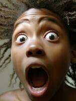 Young woman with African features who appears to be schocked AI Generative photo