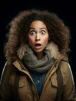 Young woman with African features who appears to be schocked AI Generative photo