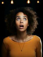 Young woman with African features who appears to be schocked AI Generative photo