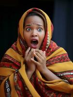 Young woman with African features who appears to be schocked AI Generative photo