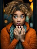 Young woman with African features who appears to be schocked AI Generative photo
