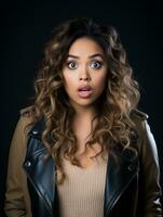 Young woman with African features who appears to be schocked AI Generative photo