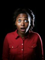 Young woman with African features who appears to be schocked AI Generative photo