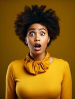 Young woman with African features who appears to be schocked AI Generative photo