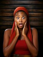 Young woman with African features who appears to be schocked AI Generative photo