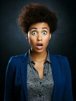 Young woman with African features who appears to be schocked AI Generative photo