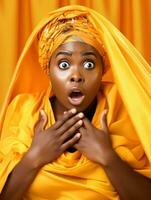 Young woman with African features who appears to be schocked AI Generative photo
