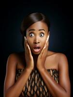 Young woman with African features who appears to be schocked AI Generative photo