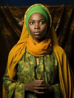 Young woman with African features who appears to be schocked AI Generative photo