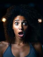 Young woman with African features who appears to be schocked AI Generative photo