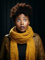Young woman with African features who appears to be schocked AI Generative photo