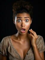 Young woman with African features who appears to be schocked AI Generative photo