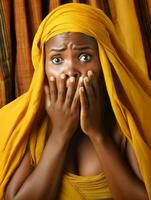 Young woman with African features who appears to be schocked AI Generative photo