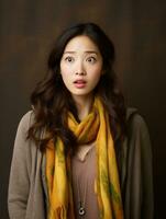 Young woman with Asian features who appears to be schocked AI Generative photo