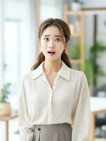 Young woman with Asian features who appears to be schocked AI Generative photo
